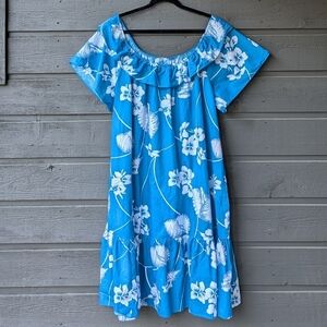 Vintage Hilo Hattie Floral Tiki Tropical Dress 3XL Blue White Seashells Hawaiian